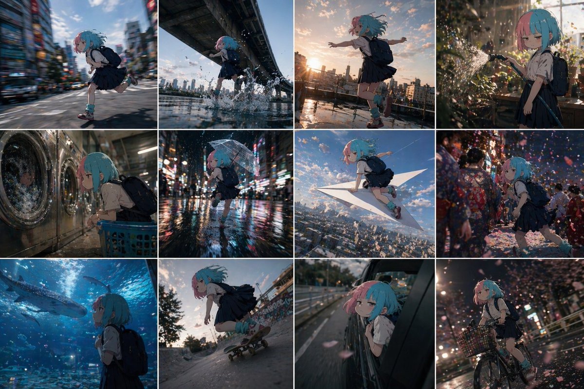 GPT Image 2 2D anime character real-world grid sample