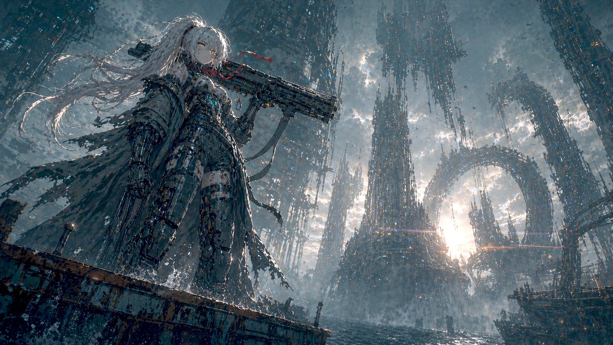 GPT Image 2 mecha girl sea-city key visual sample