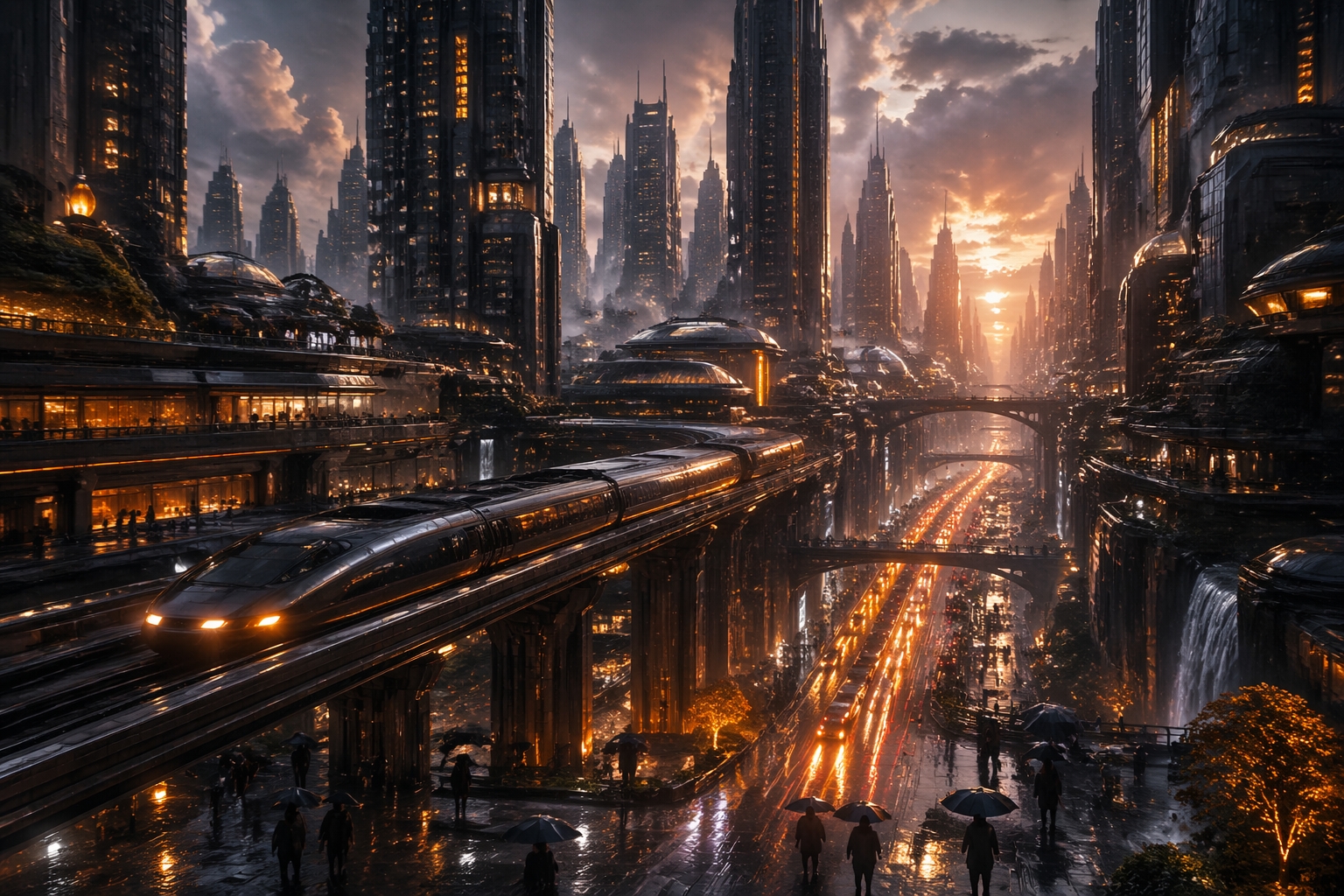 Exemple comparatif GPT Image 1.5 : mégapole futuriste au crépuscule
