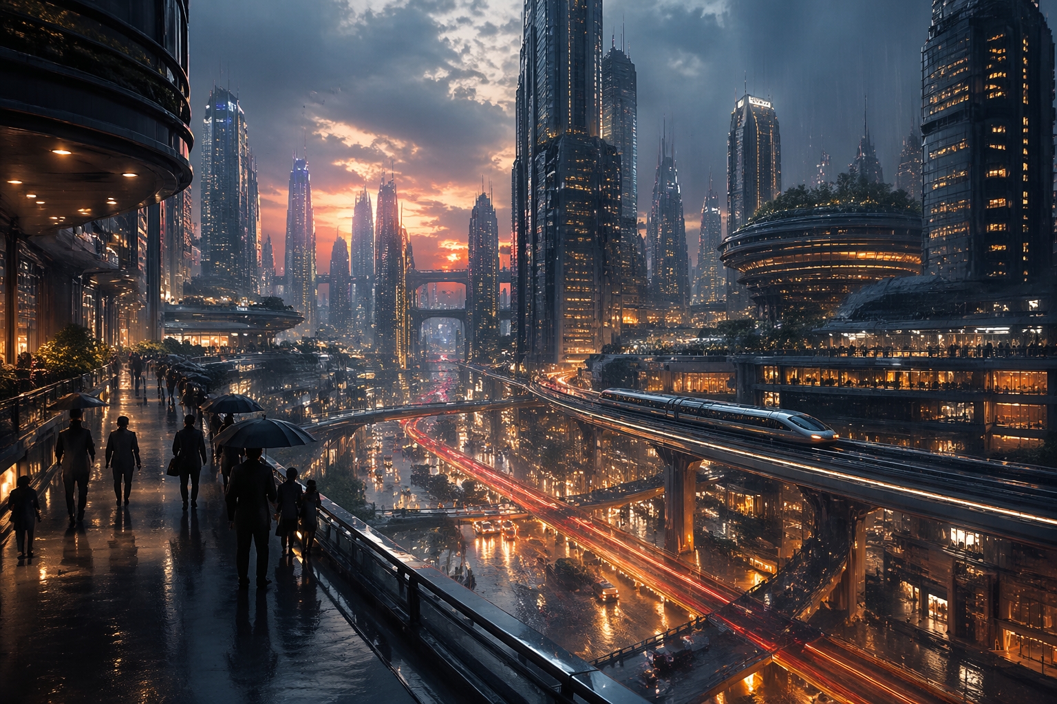 Exemple comparatif GPT Image 2 : mégapole futuriste au crépuscule