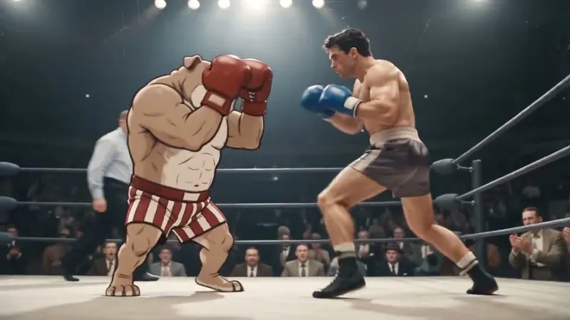 Cartoon Bulldog vs Live-Action Boxer video workflow example, not verified as Seedance 2.5 API output