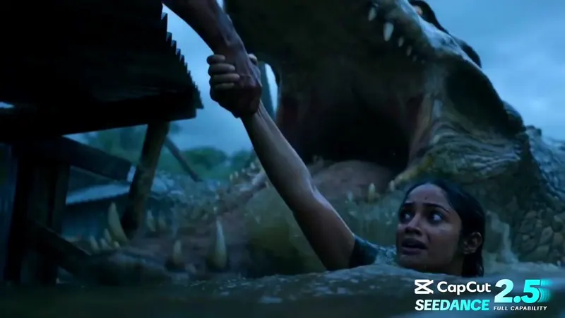 Flooded Village Crocodile Thriller video workflow example, not verified as Seedance 2.5 API output